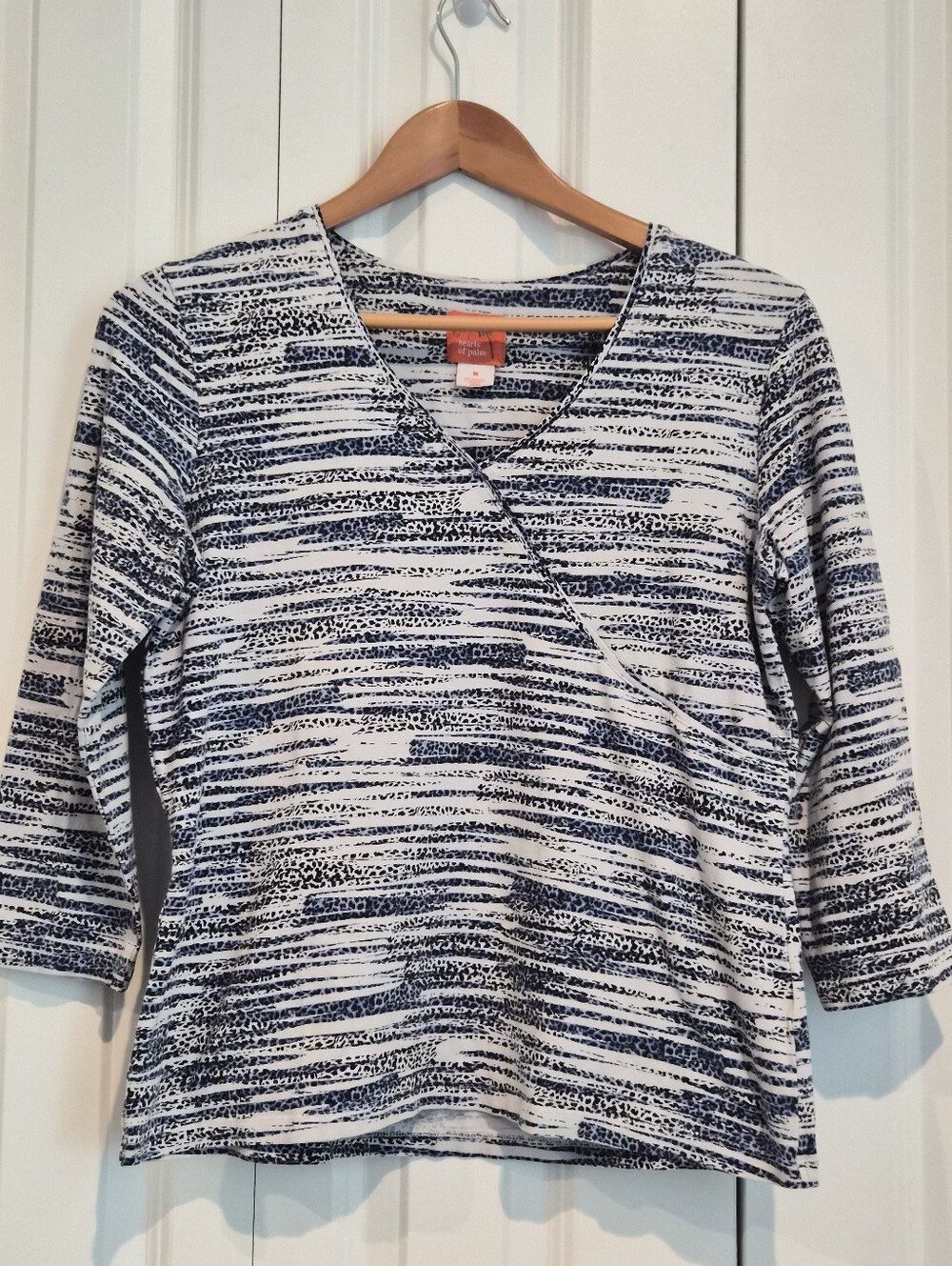 Hearts of Palm Top Medium Blue Leopard Print Striped Stretch Cotton 3/4 Sleeve